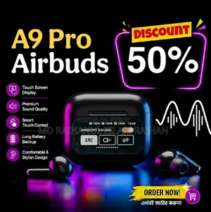 A9 Pro স্মার্ট টাচ স্ক্রিন ওয়্যারলেস এয়ারবাডস – একটিভ নয়েজ ক্যান্সেলেশন