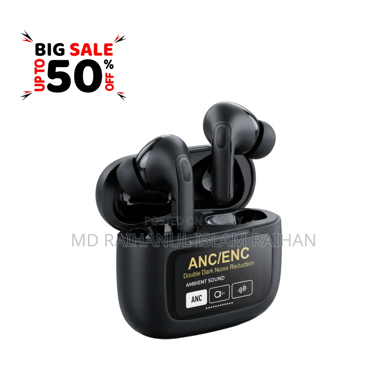 A9 Pro Smart Touch Screen Wireless Airbuds – Active Noise Cancellation