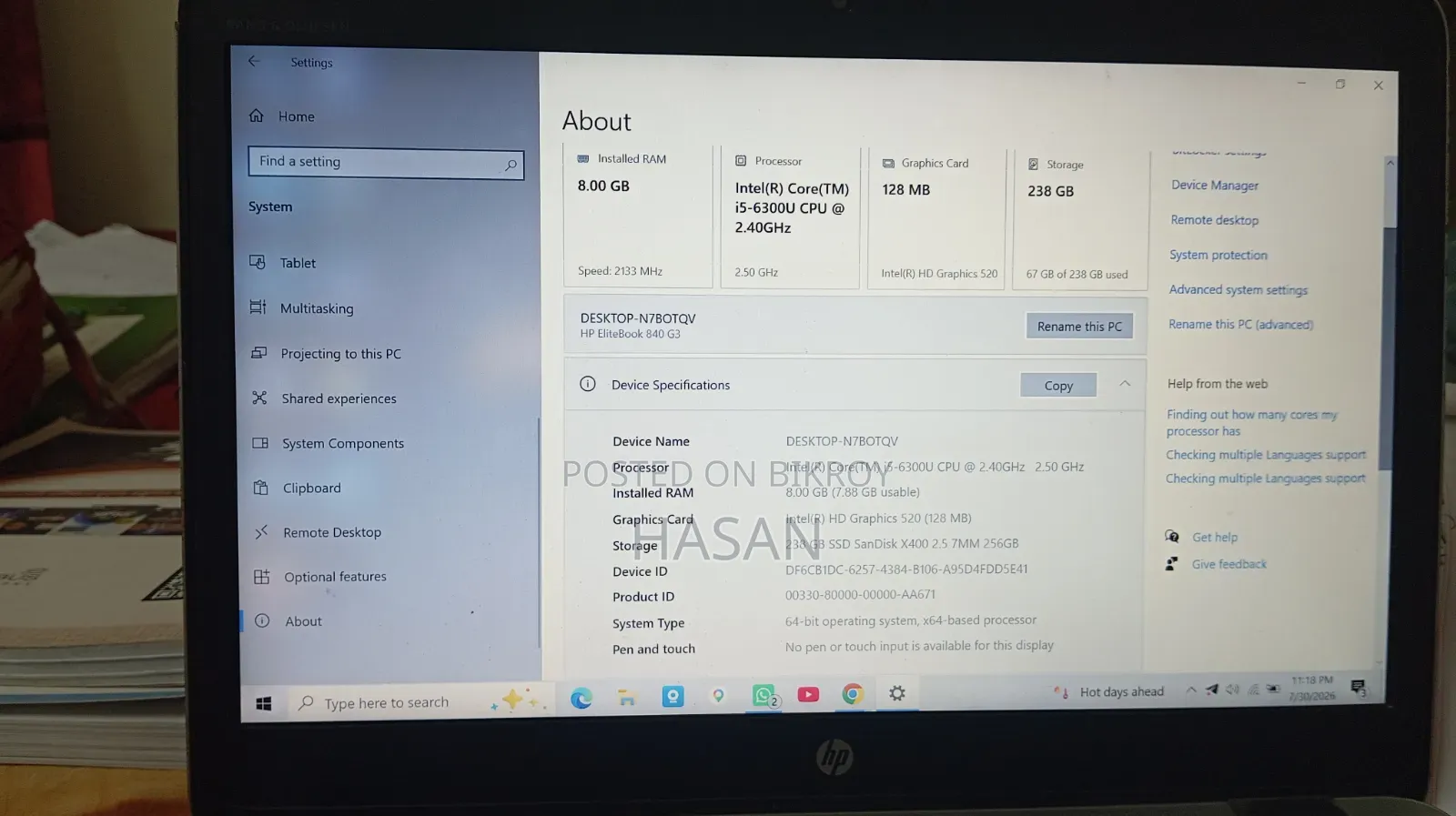 Laptop HP EliteBook 840 G6 8GB Intel Core i5 SSD 256GB