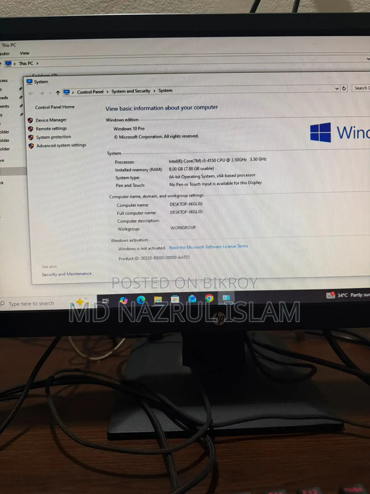 Desktop Computer Gigabyte 8GB Intel Core I3 SSD 250GB