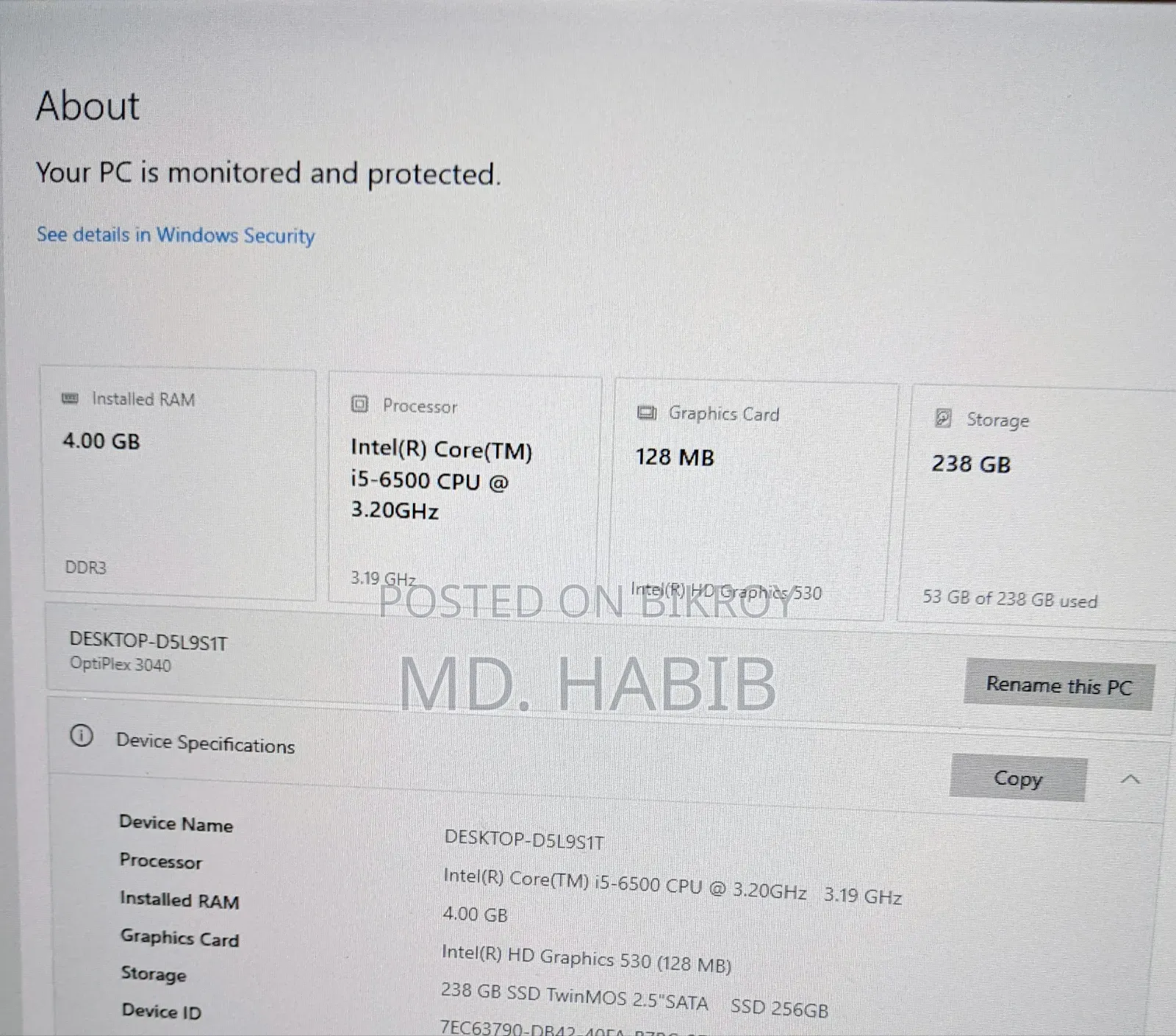 Desktop Computer Dell Optiplex 3040 4GB Intel Core i5 SSD 256GB
