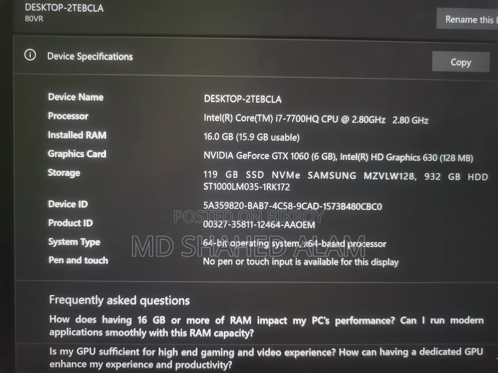 Laptop Lenovo Legion Y720 16GB Intel Core I7 HDD+SSD 1T