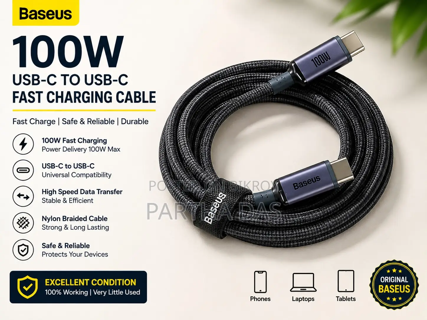 Baseus 100W USB-C to USB-C Fast Charging Cable (Original)