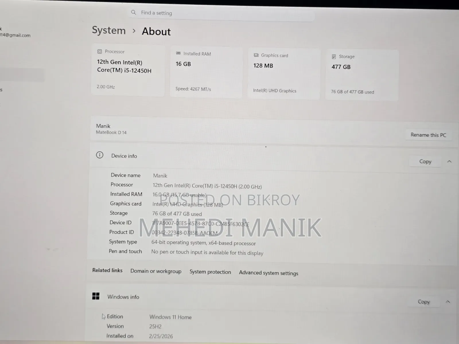 Laptop Huawei Matebook D 15 16GB Intel Core i5 SSD 512GB