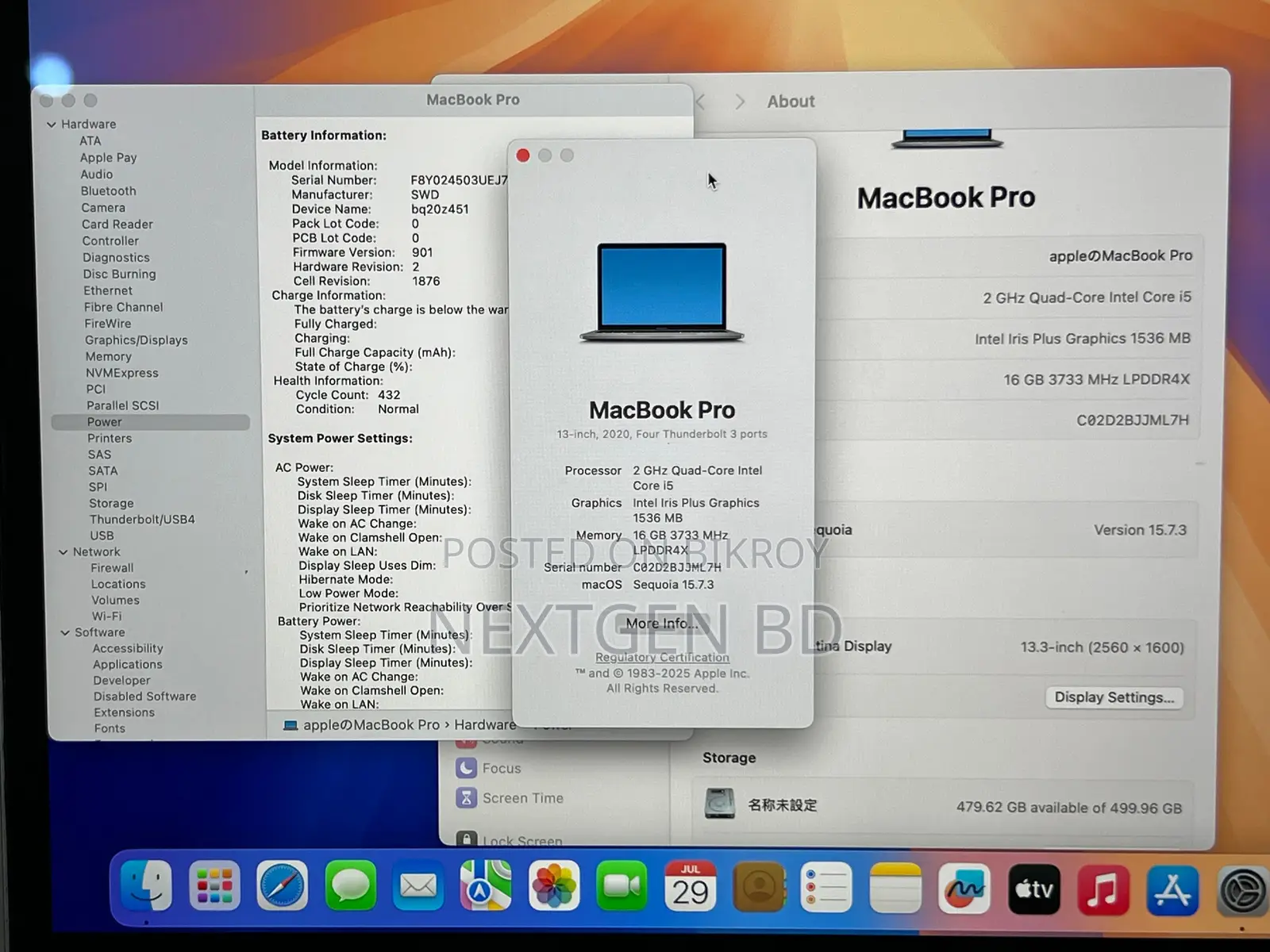 Laptop Apple MacBook Pro 2020 16GB Intel Core i5 SSD 500GB