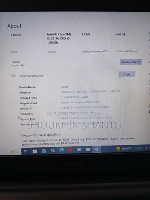 ল্যাপটপ ডেল ইন্সপায়রন ১৪ ৮জিবি ইন্টেল কোর আই৩ এইচডিডি ৫০০জিবি