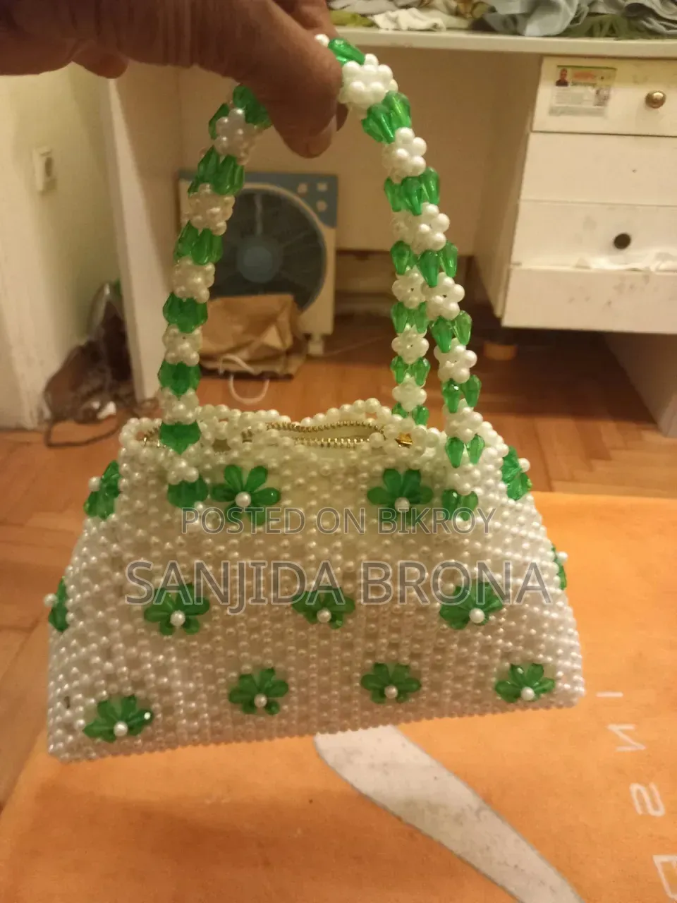 Premium Handmade White Green Pearl Beaded Bag for Women