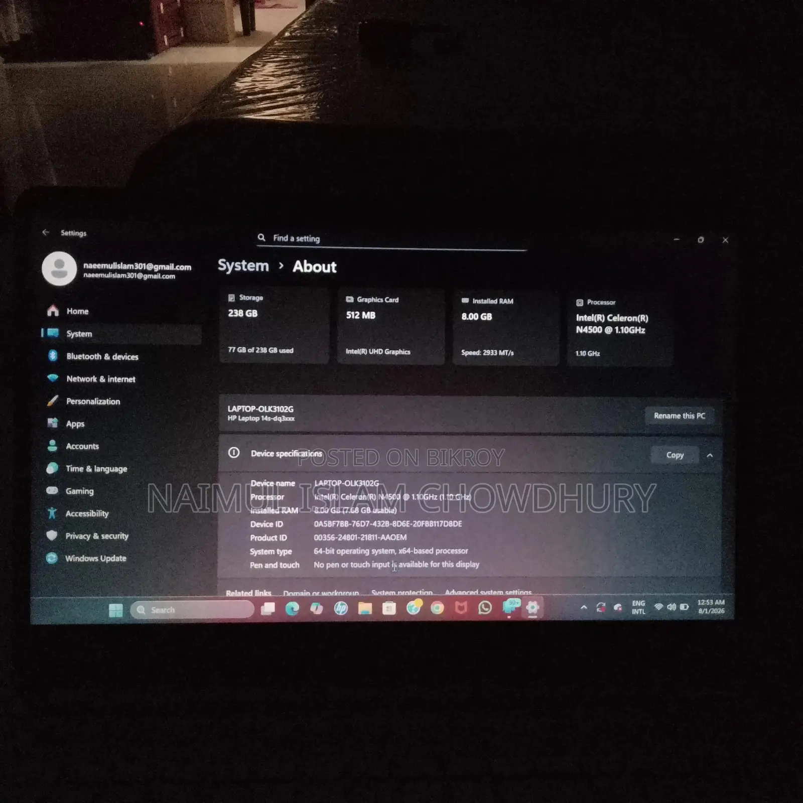 Laptop HP 14s 8gb Intel Celeron SSD 256gb