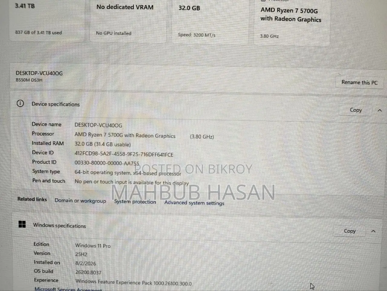 Desktop Computer 32GB AMD Ryzen 7 HDD+SSD 256GB