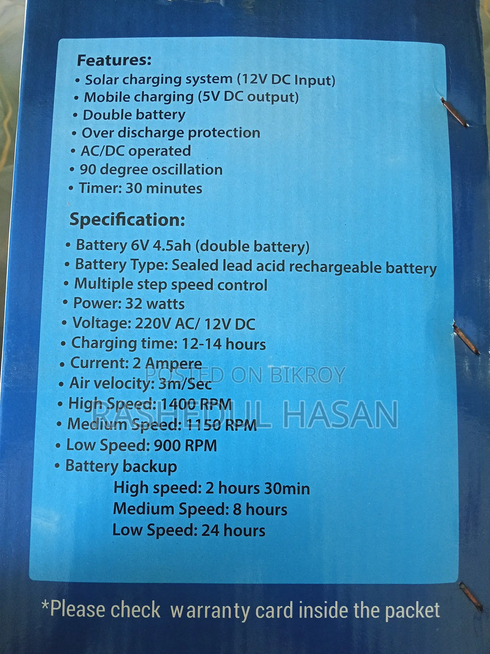 Charger AC/DC/solar Stand Fan CLiCK Brand16"