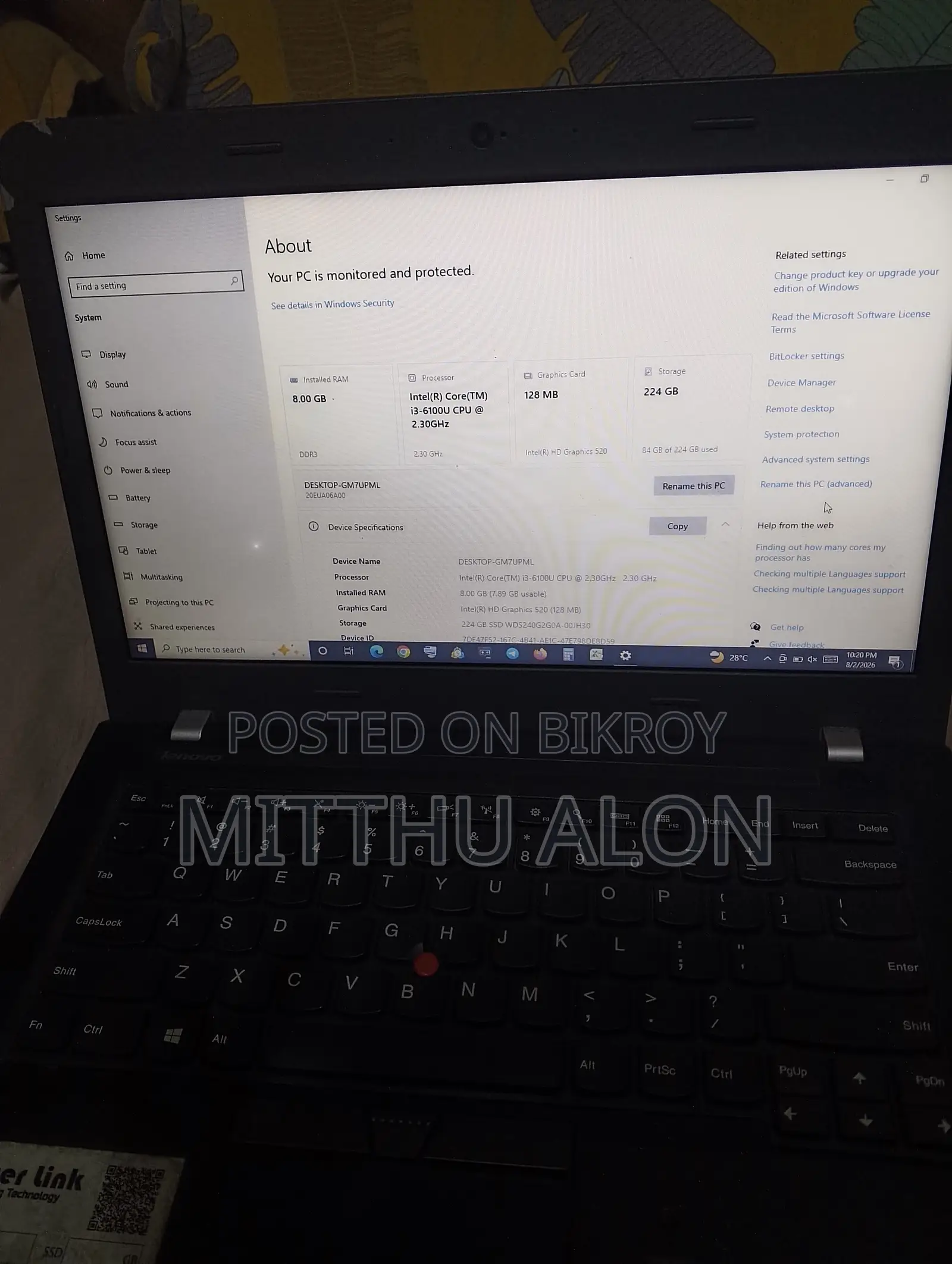 Laptop Lenovo ThinkPad T490s 8GB Intel Core i3 SSD 256GB