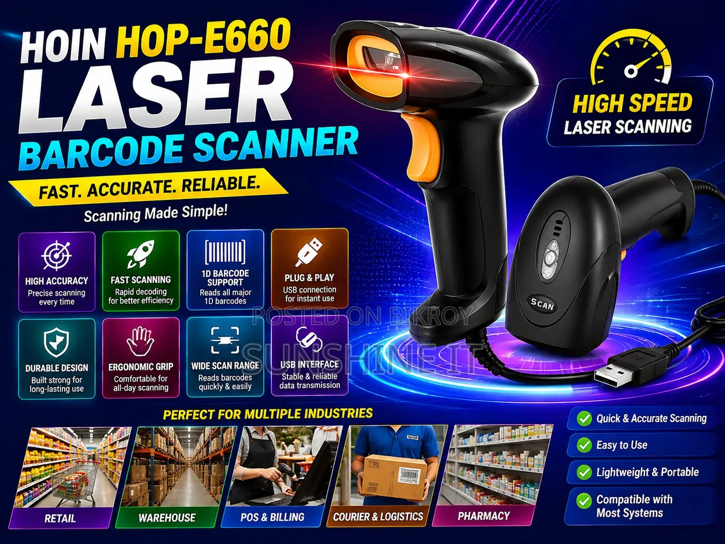 Hoin Hop-E660 Laser Barcode Scanner