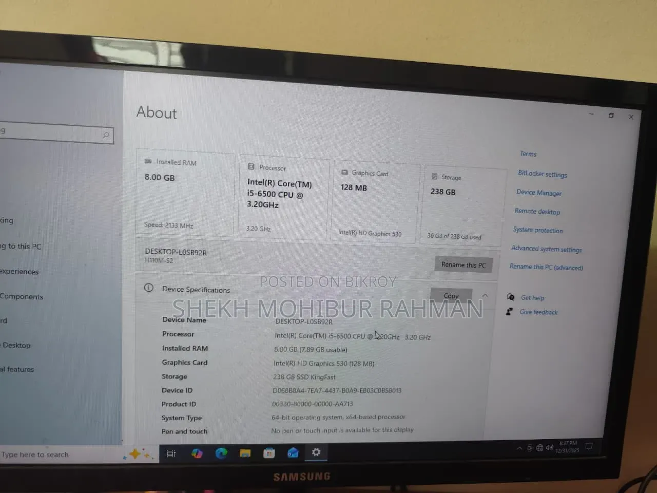 Desktop Computer 8GB Intel Core I5 SSD 256GB