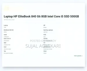 Laptop HP EliteBook 840 G6 8GB Intel Core i5 SSD 500GB