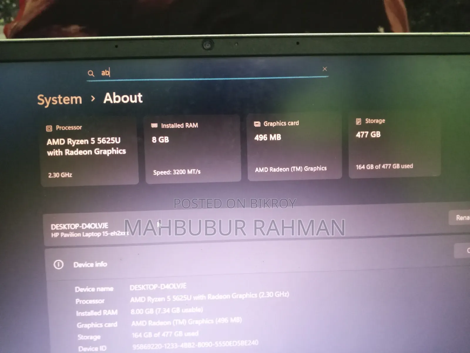Laptop HP Pavilion 15 8GB AMD Ryzen 5 SSD 512GB