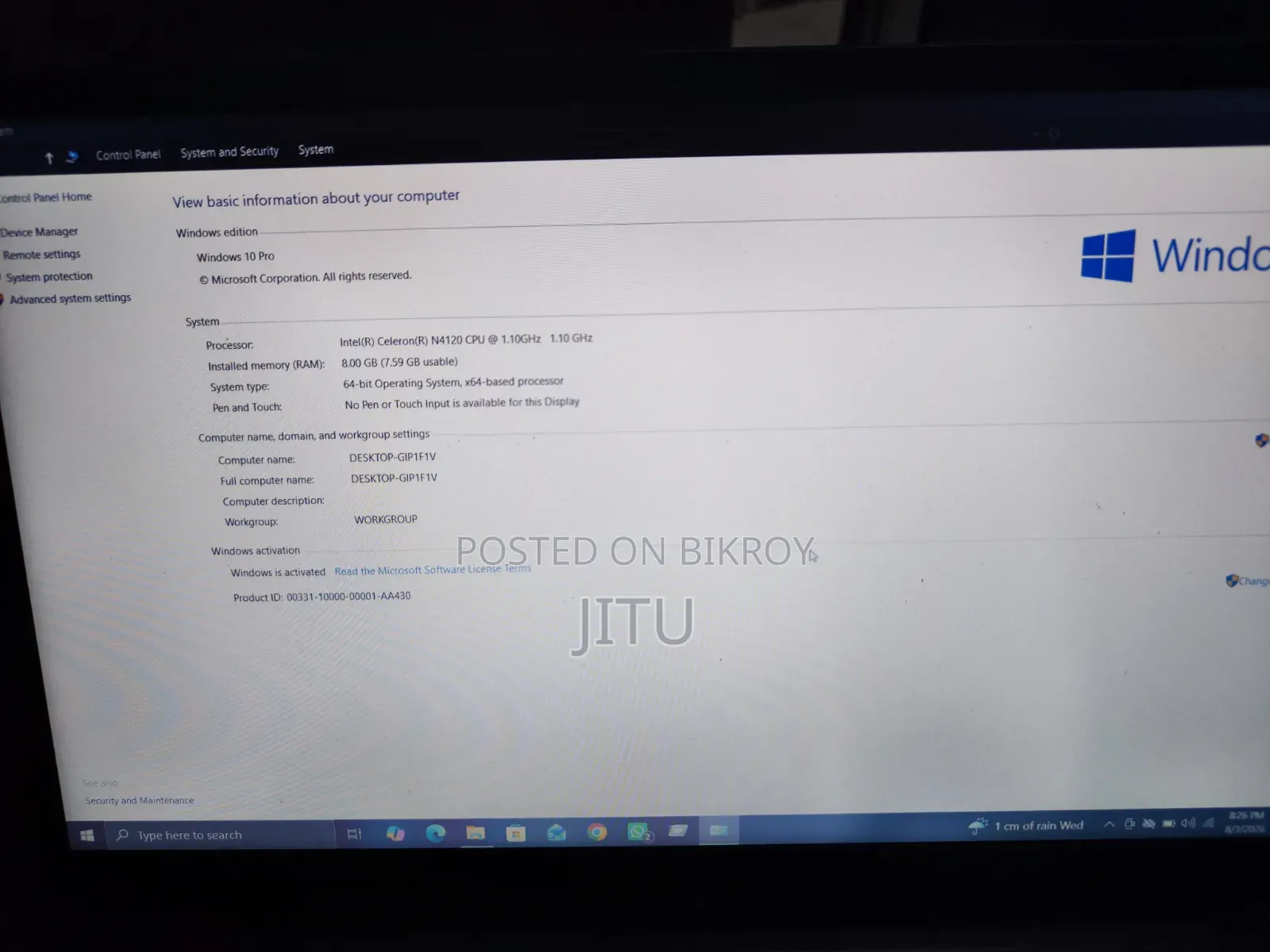 ল্যাপটপ ৮জিবি ইন্টেল সেলেরন এসএসডি ২৫৬জিবি