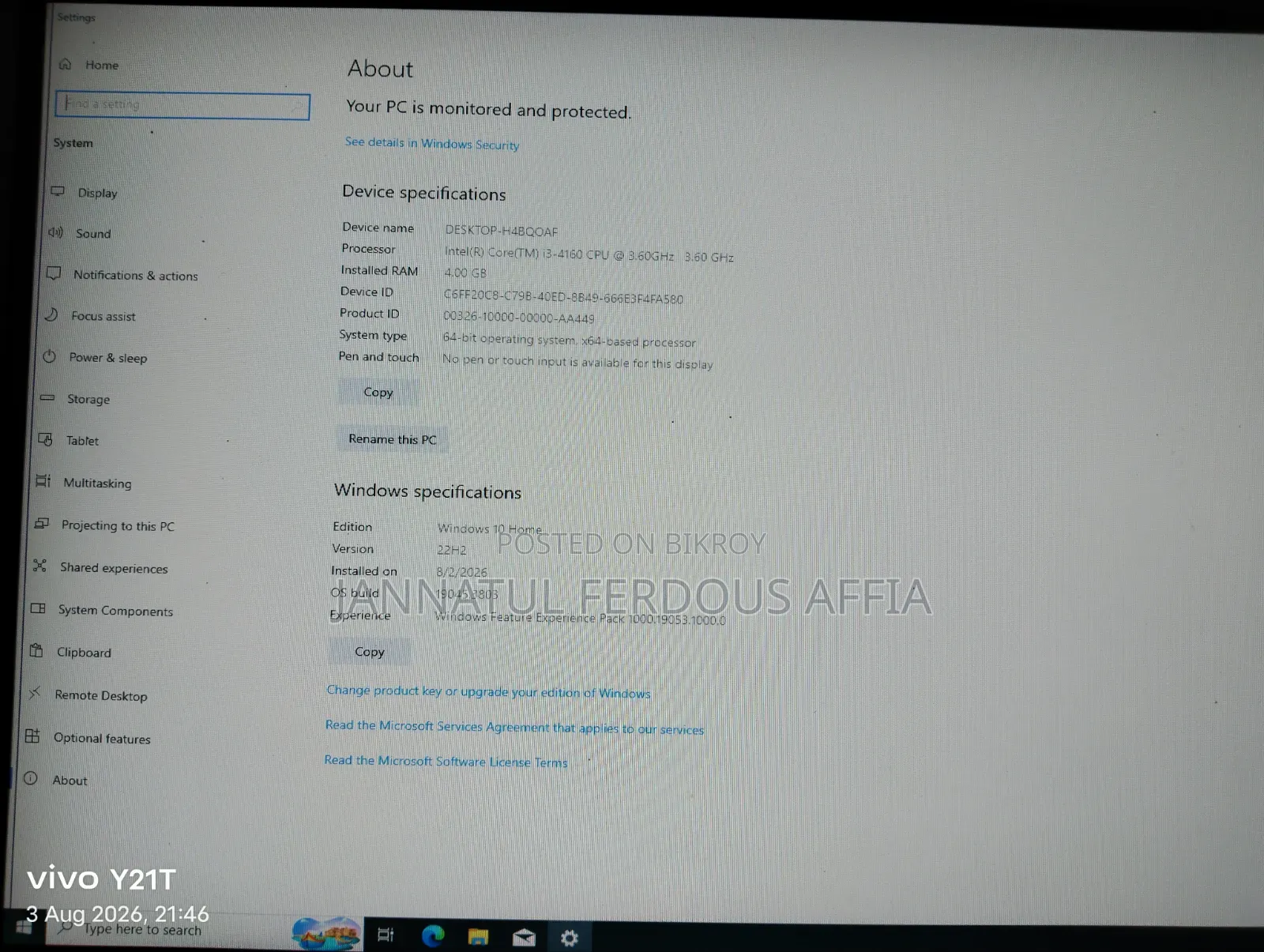 Desktop Computer 4GB Intel Core I3 SSD 128GB