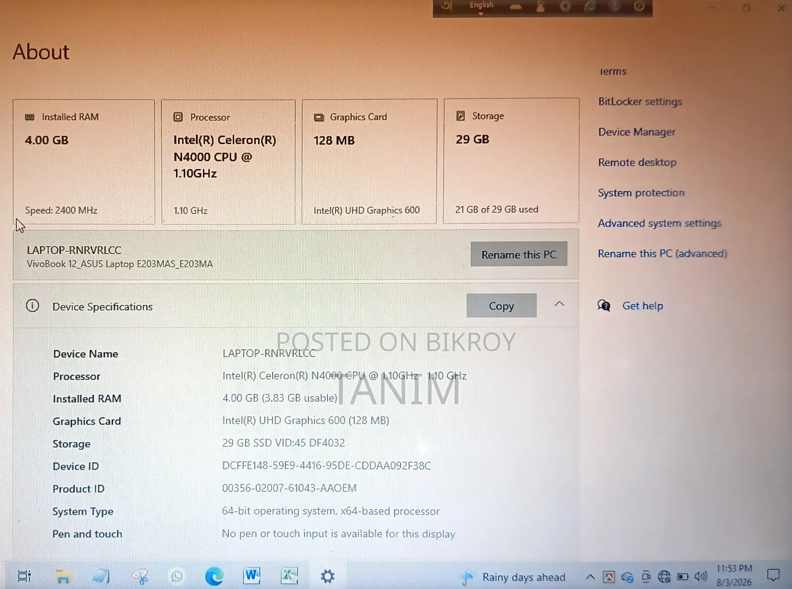 Laptop Asus E203MA 4GB Intel Celeron eMMC 32GB