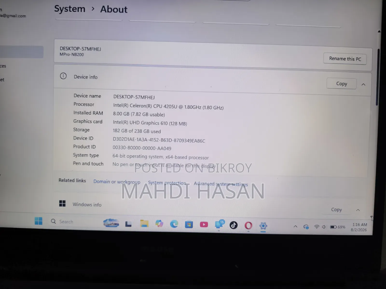 ল্যাপটপ ৮ জিবি ইন্টেল সেলেরন এসএসডি ২৫৬ জিবি