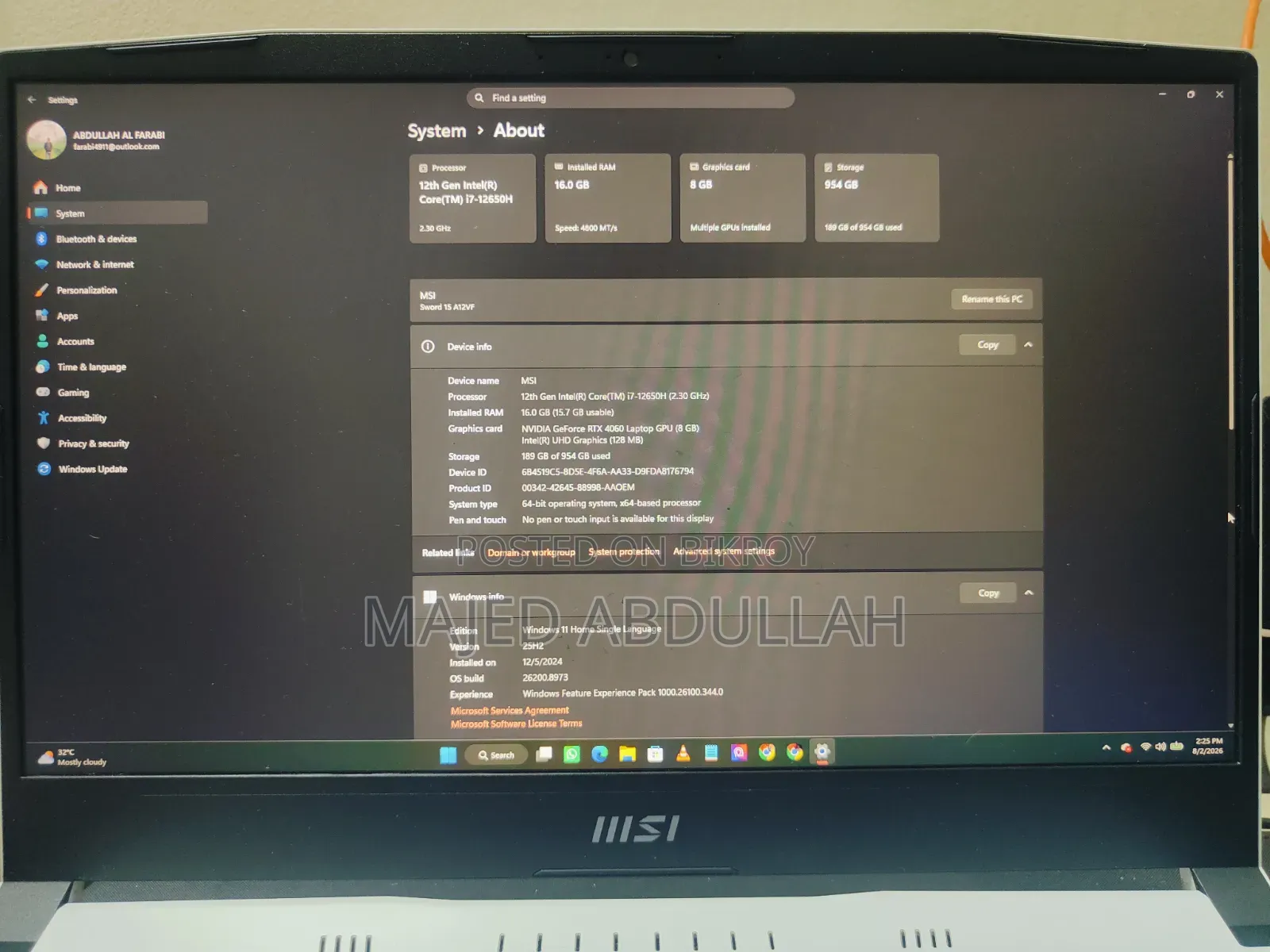 Laptop MSI MSI Sword 15 16GB Intel Core i7 SSD 1T