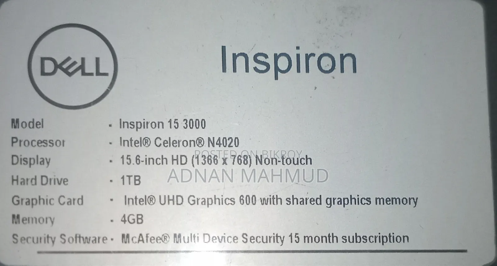 Laptop Dell Inspiron 15 3000 4GB Intel Celeron HDD 1TB