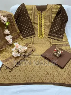 Aarong Embroidered and Block Print Semi-Stitched Kameez Thread Work Three Piece