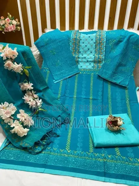 Aarong Embroidered and Block Print Semi-Stitched Kameez Thread Work Three Piece