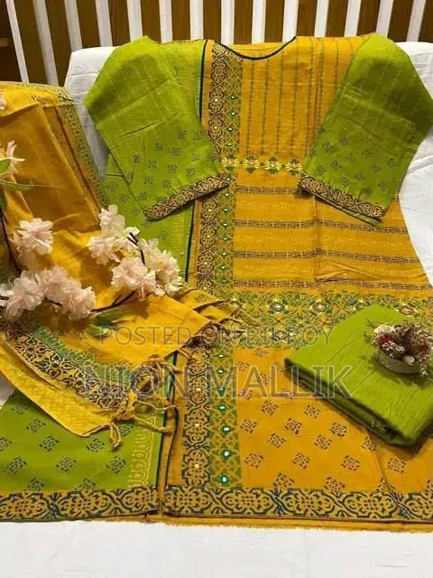 Aarong Embroidered and Block Print Semi-Stitched Kameez Thread Work Three Piece