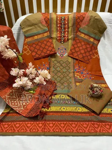 Aarong Embroidered and Block Print Semi-Stitched Kameez Thread Work Three Piece