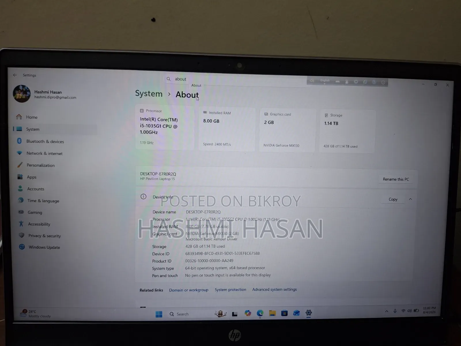 Laptop HP Pavilion 15-Cs3063cl 8GB Intel Core I5 SSD 256GB