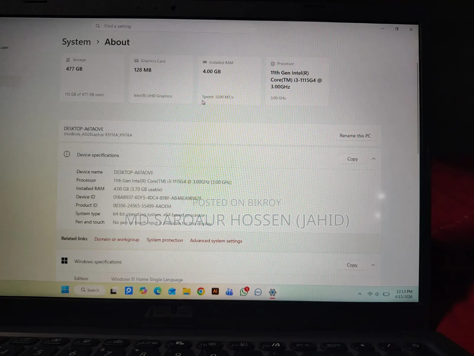 Laptop ASUS Vivobook 15 4GB Intel Core I3 SSD 512GB