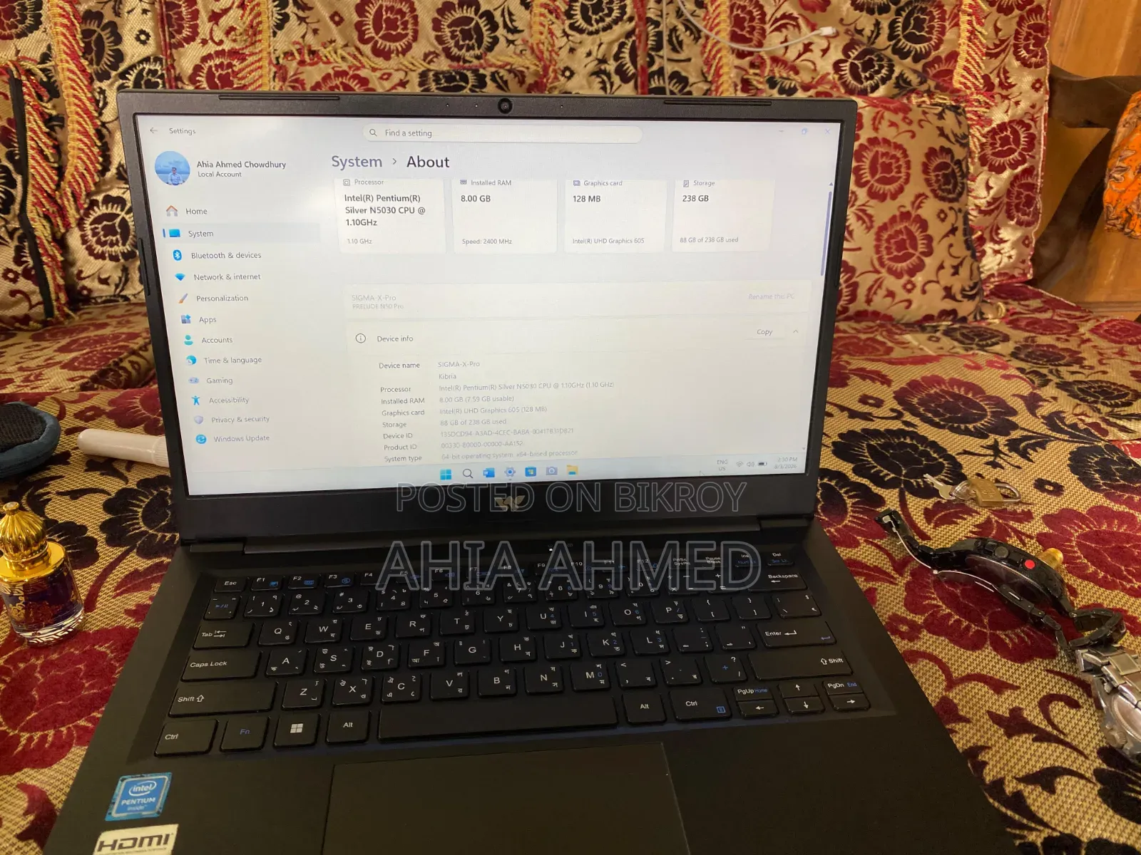 Laptop 8GB Intel Pentium SSD 256GB