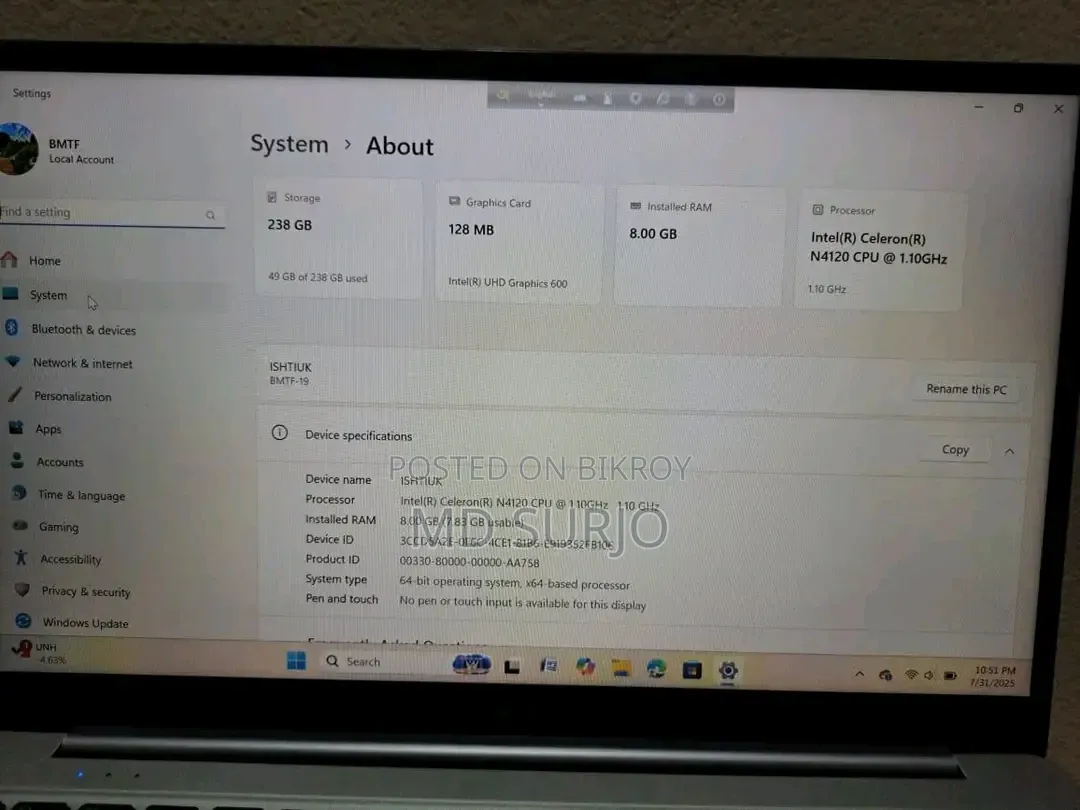 ল্যাপটপ ৮জিবি ইন্টেল সেলেরন এসএসডি ২৫৬জিবি