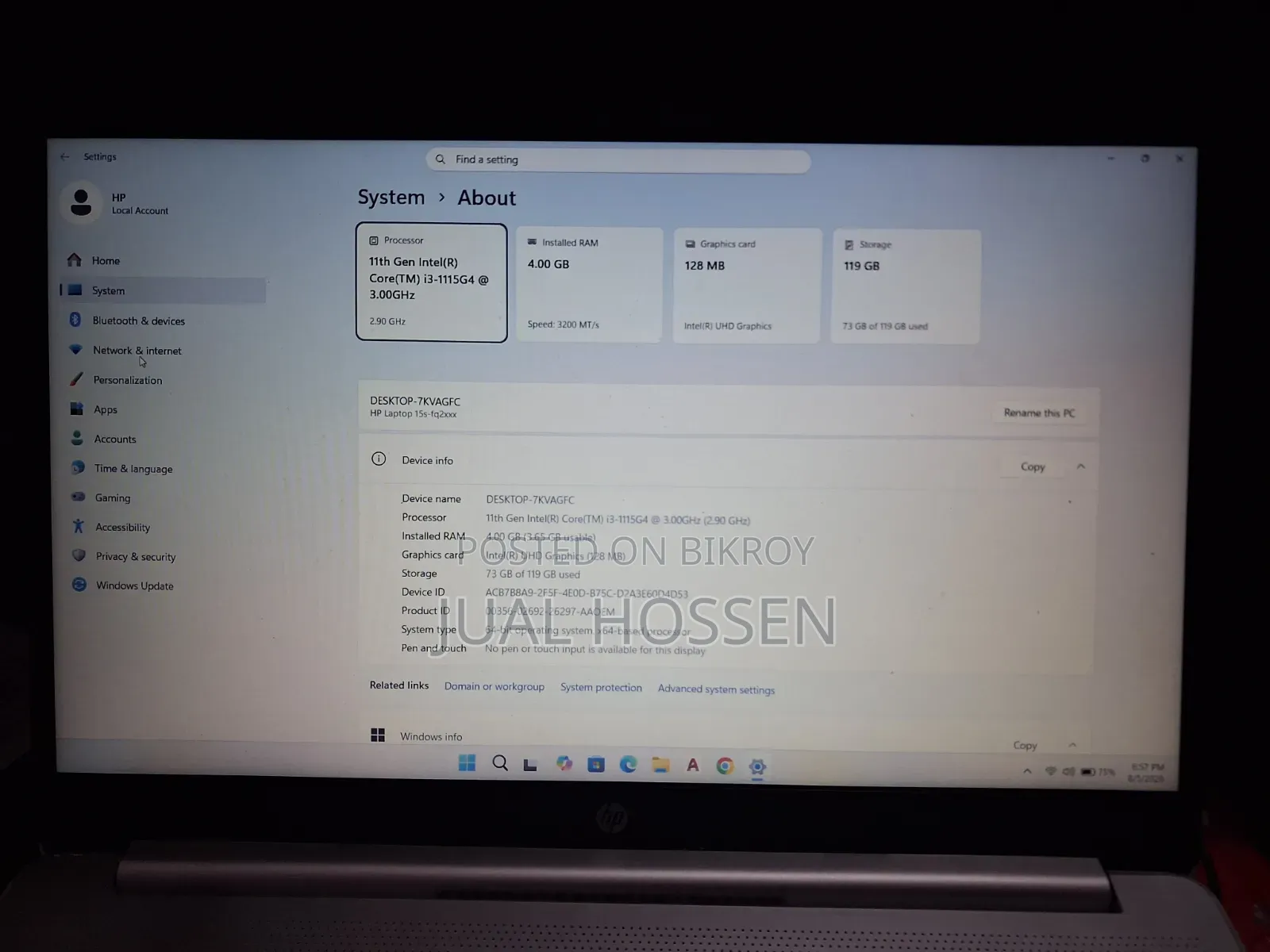 ল্যাপটপ HP 15s 4GB ইন্টেল কোর i3 SSD 128GB