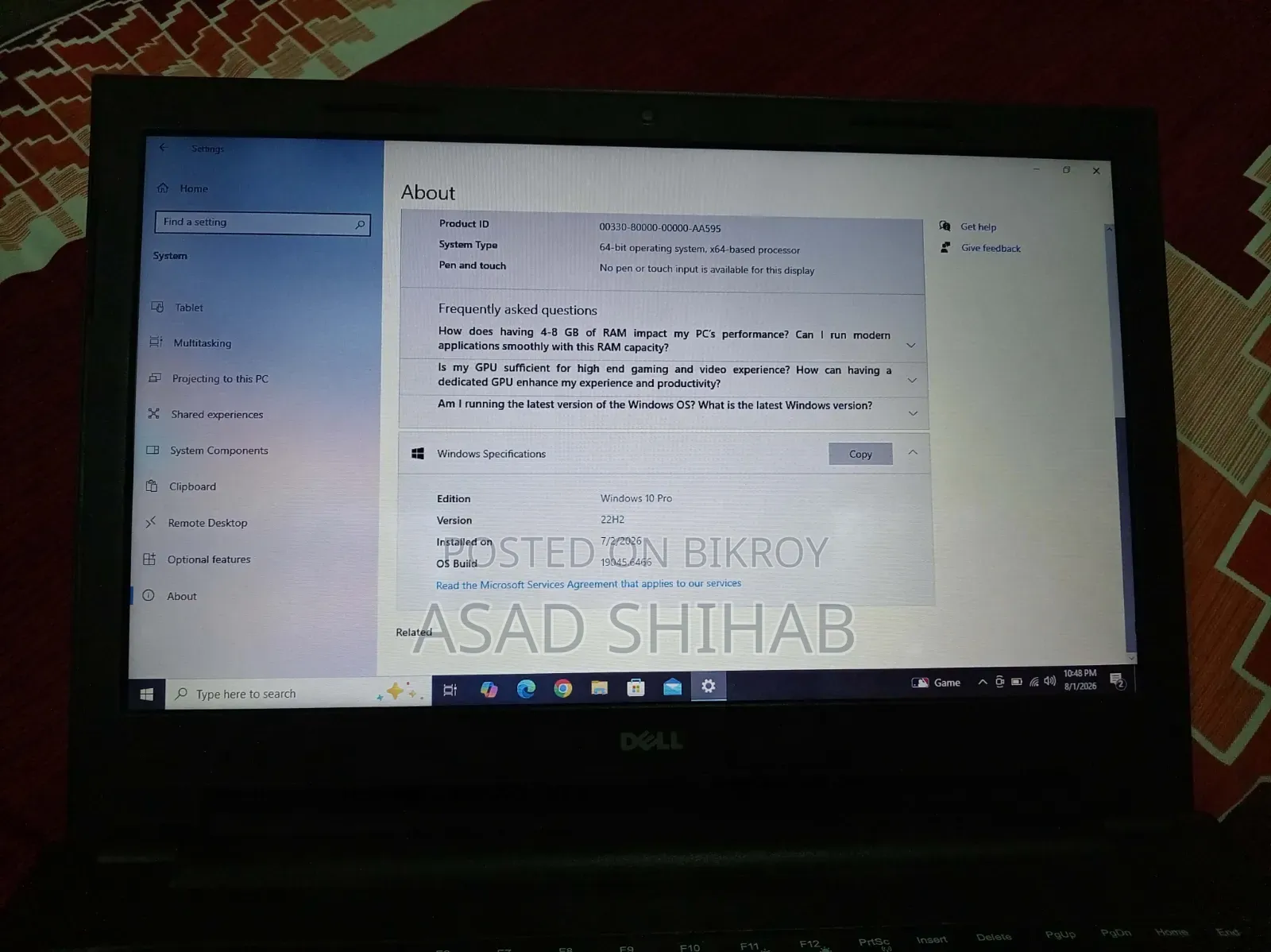 ল্যাপটপ ডেল ইন্সপায়রন ১৫ ৪জিবি ইন্টেল সেলরন এইচডিসি ৫০০জিবি