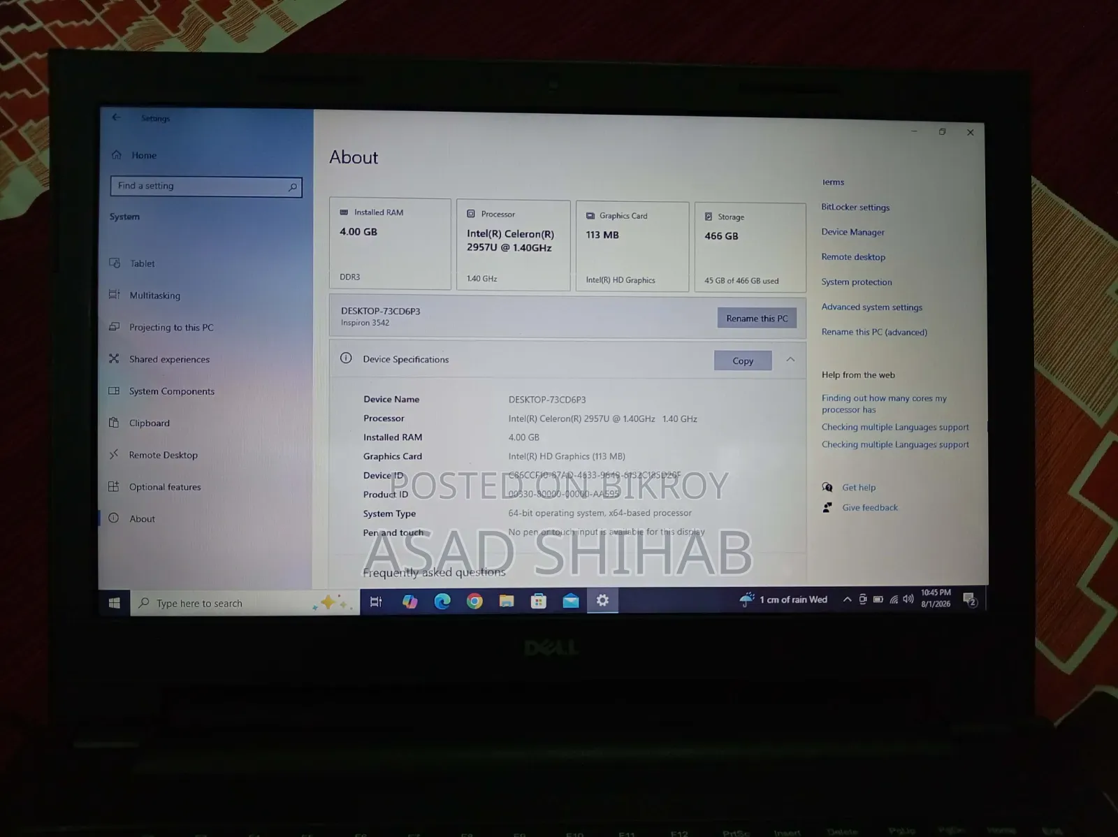 ল্যাপটপ ডেল ইন্সপায়রন ১৫ ৪জিবি ইন্টেল সেলরন এইচডিসি ৫০০জিবি