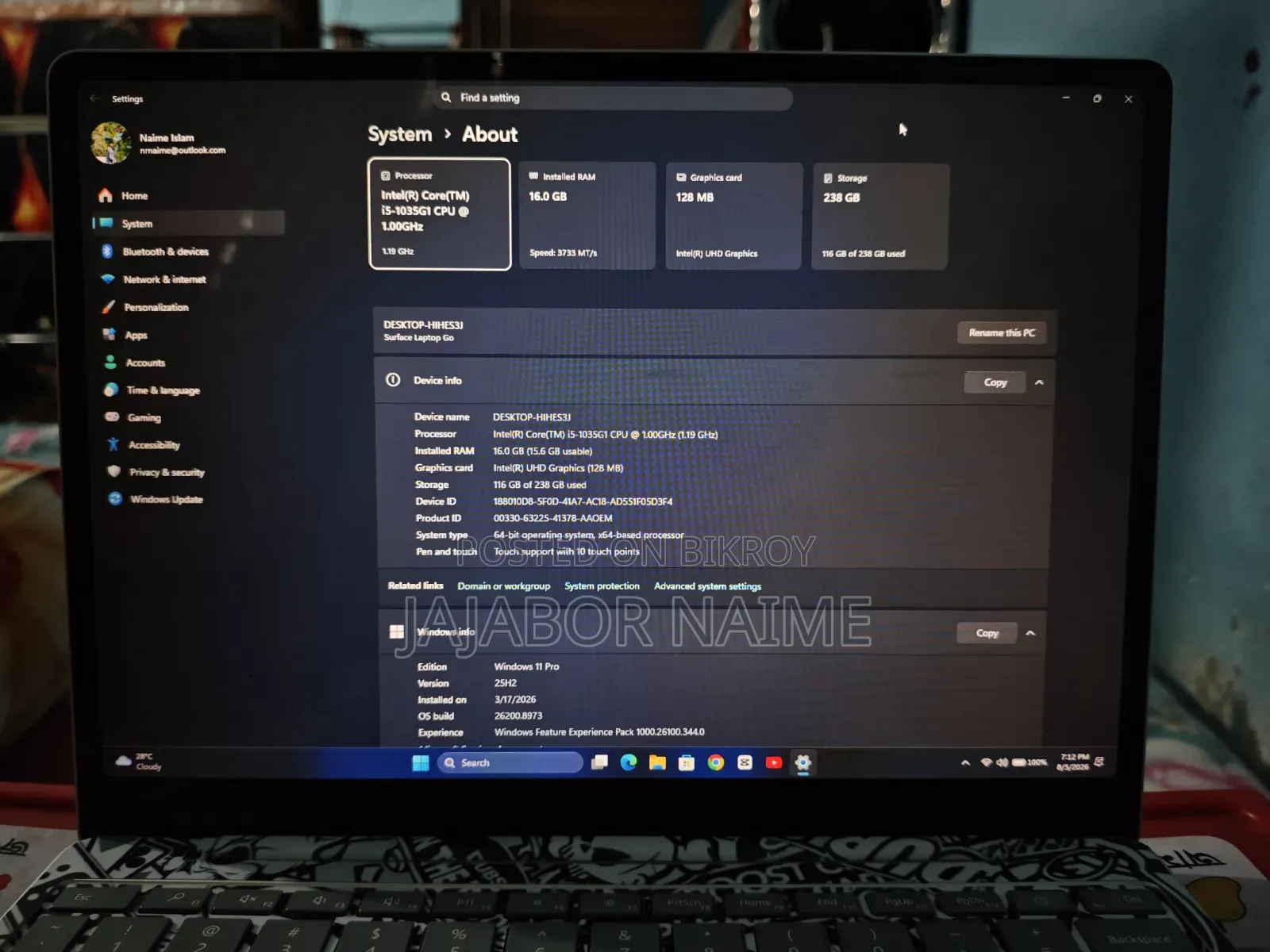 ল্যাপটপ মাইক্রোসফট সারফেস গো ১৬জিবি ইন্টেল কোর আই৫ এসএসডি ২৫৬জিবি