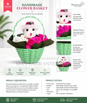 Handmade Decorative Flower Basket With Cute Teddy