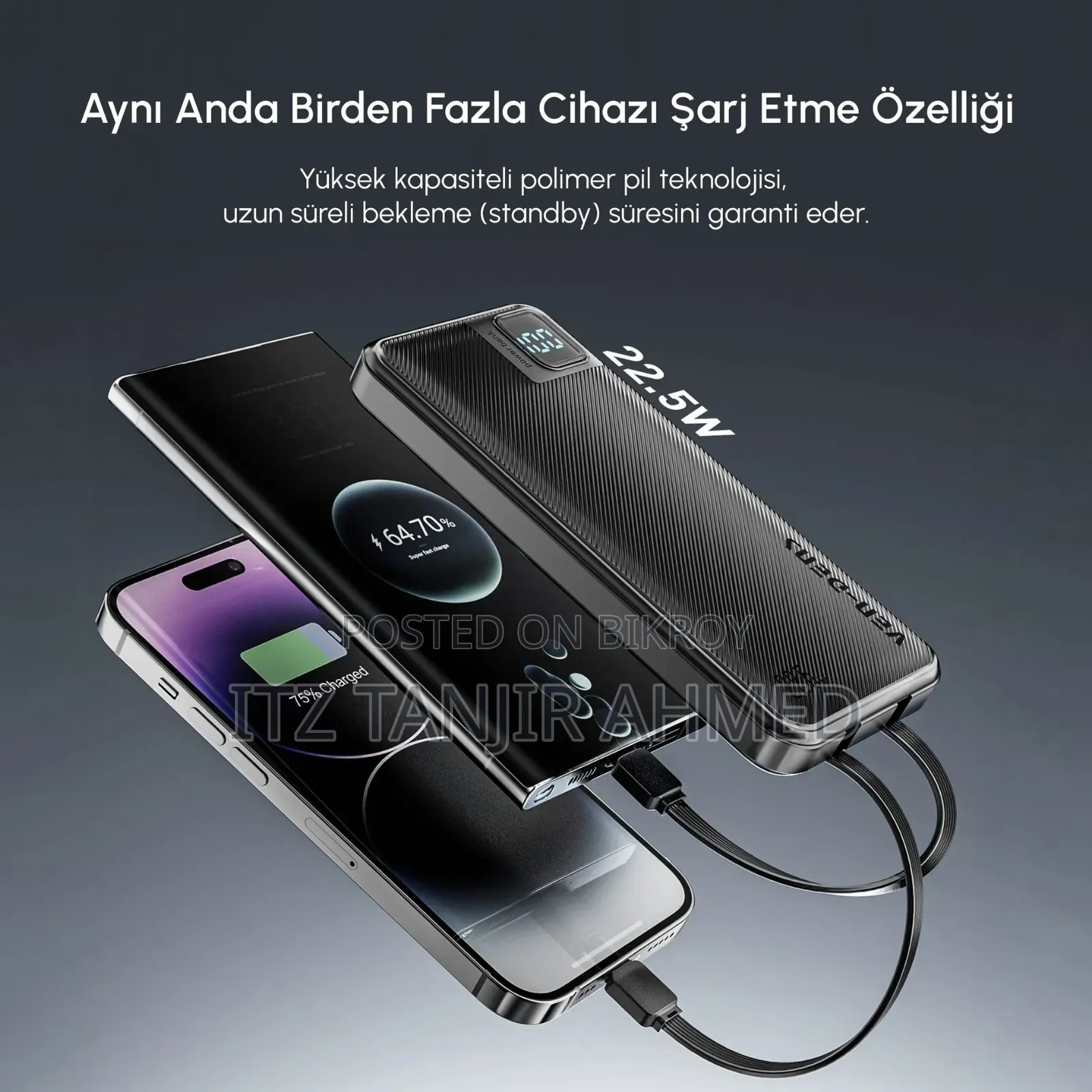 10000mAh Power Bank 22.5W Fast Charging With Cable LED Display