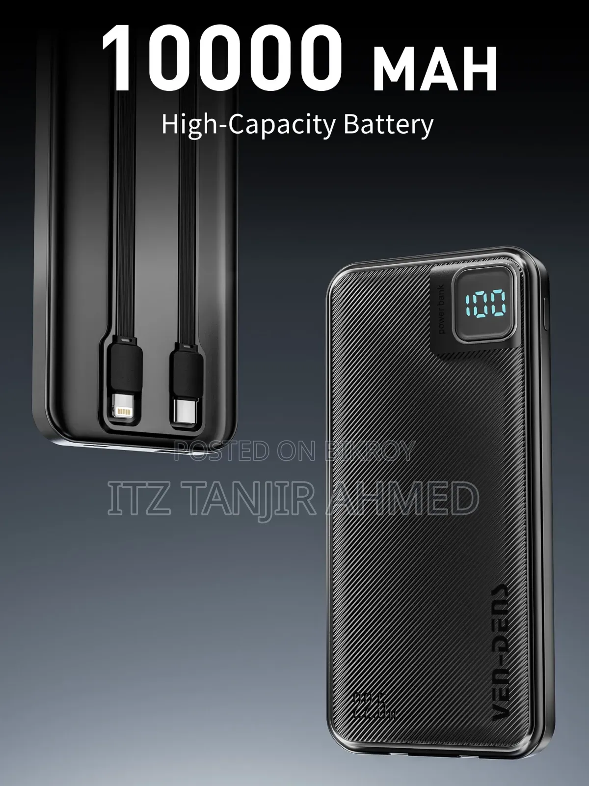 10000mAh Power Bank 22.5W Fast Charging With Cable LED Display