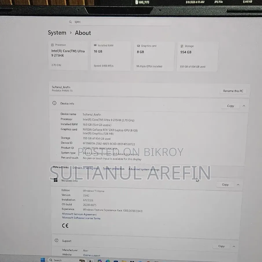 Laptop Acer Predator Helios Neo 16 AI 16GB Intel Core Ultra 9 SSD 1T