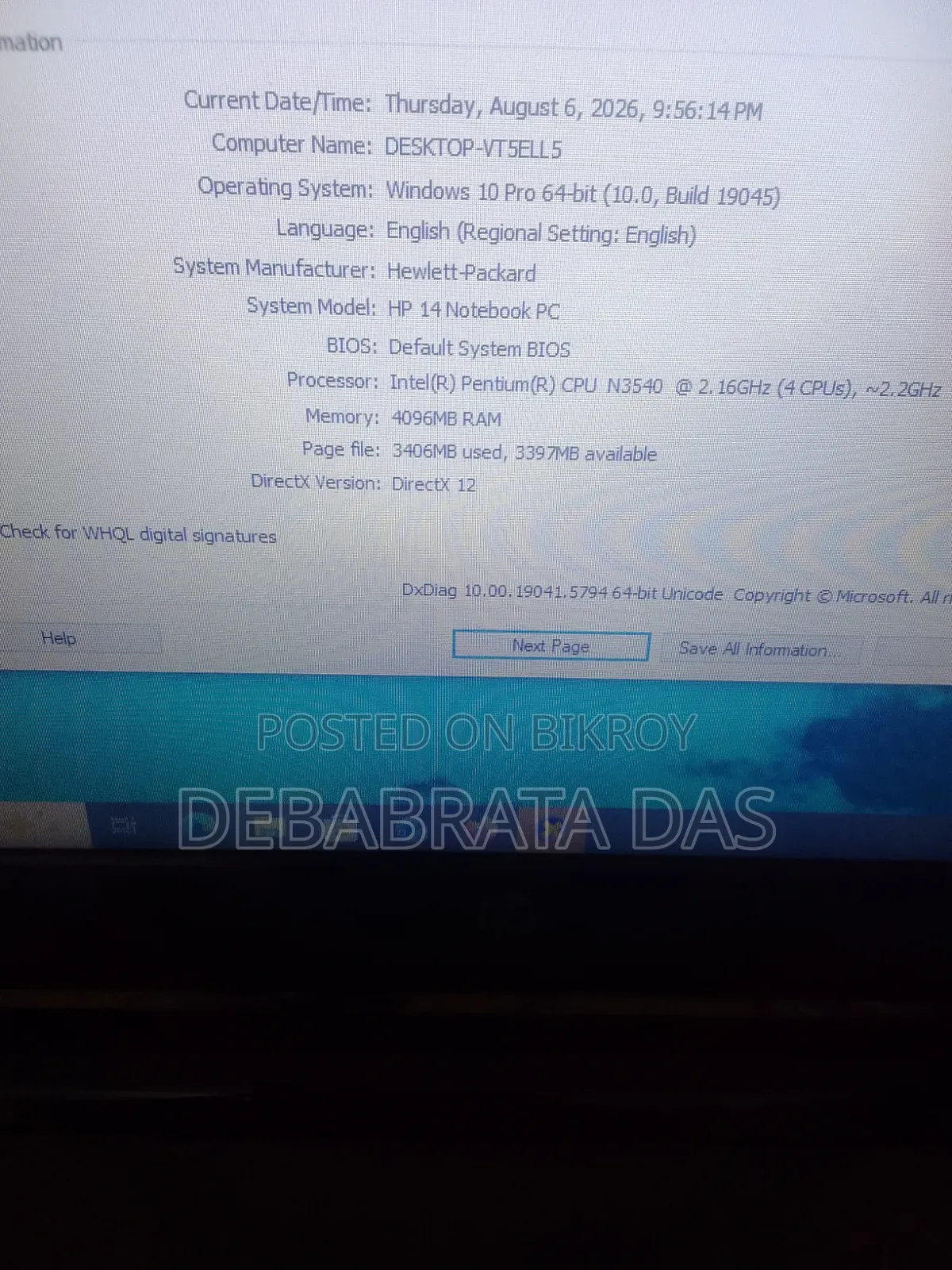 Laptop HP 14-Dq1025cl 4GB Intel Pentium HDD 500GB
