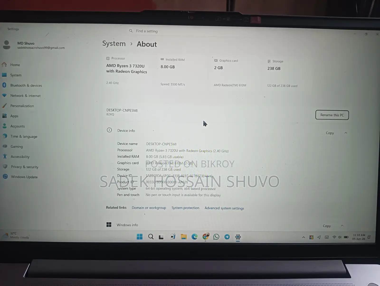 ল্যাপটপ লেনোভো আইডিয়াপ্যাড ৩ ৮জিবি এএমডি রাইজেন ৩ এসএসডি ২৫৬জিবি