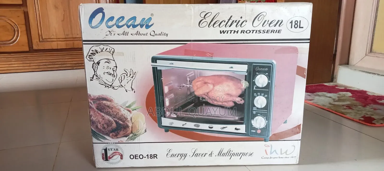 An 18-liter electric oven (With Rotisserie) will be sold.