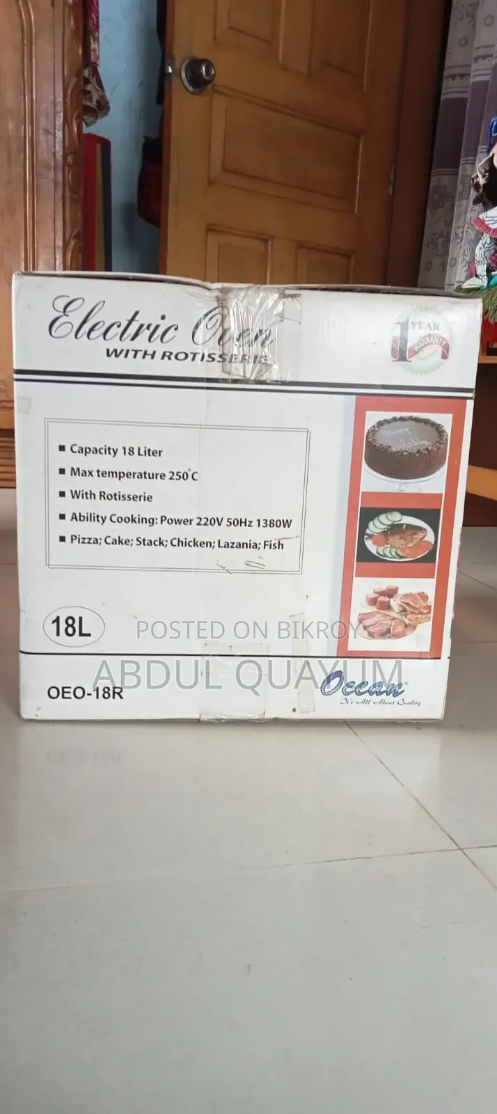 An 18-liter electric oven (With Rotisserie) will be sold.