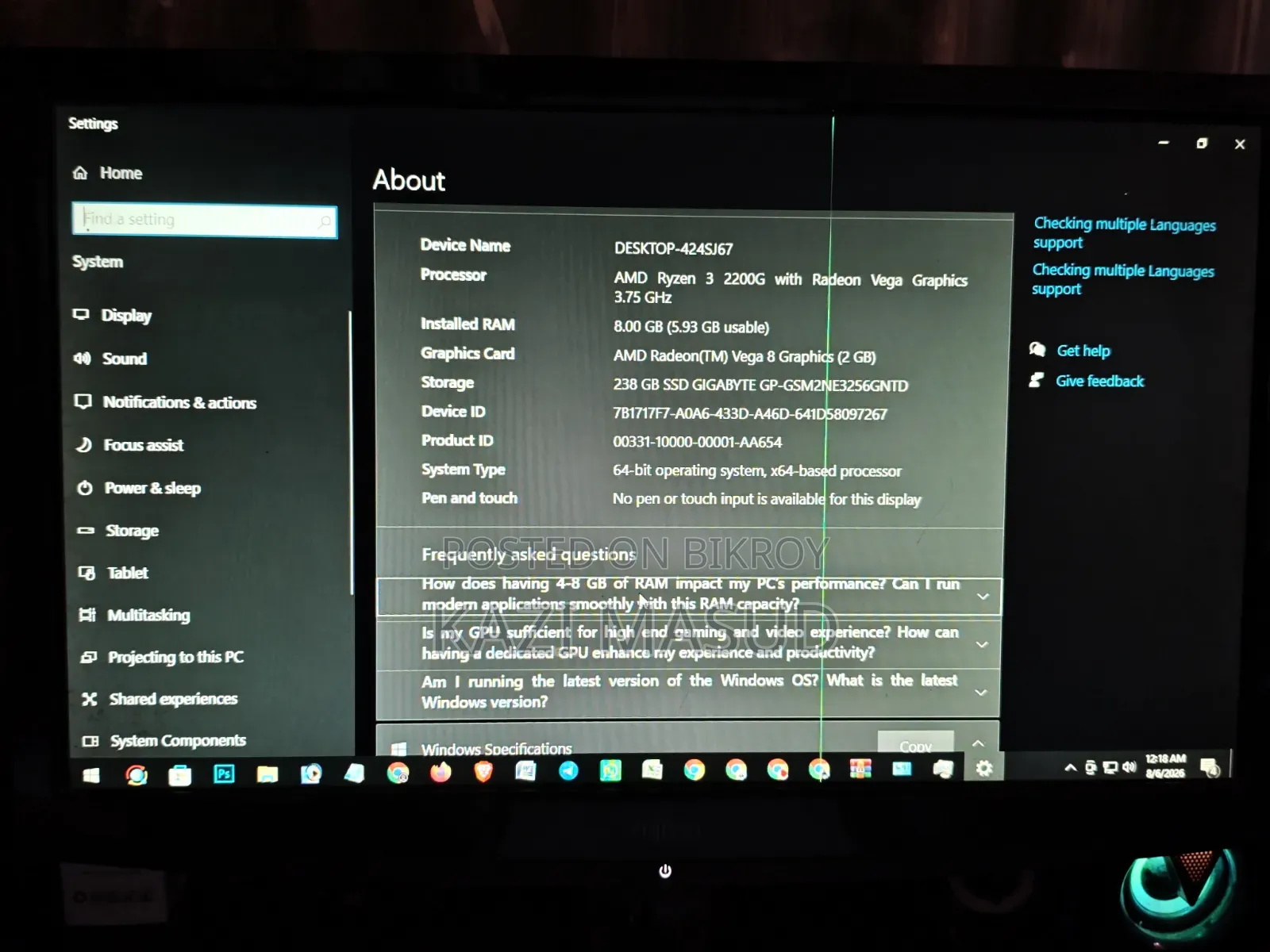 Desktop Computer 8GB AMD Ryzen 3 SSD 256GB