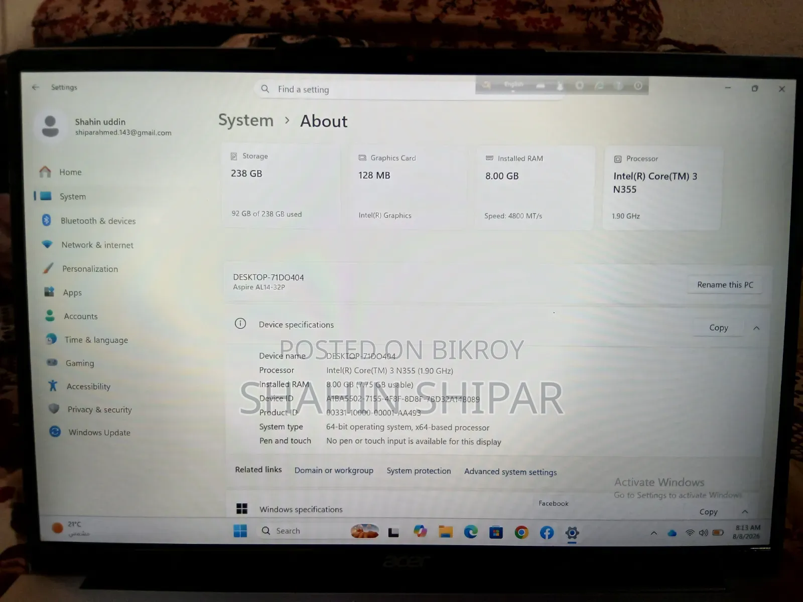 Laptop Acer Aspire 14 8GB Intel Core i3 HDD+SSD 256GB