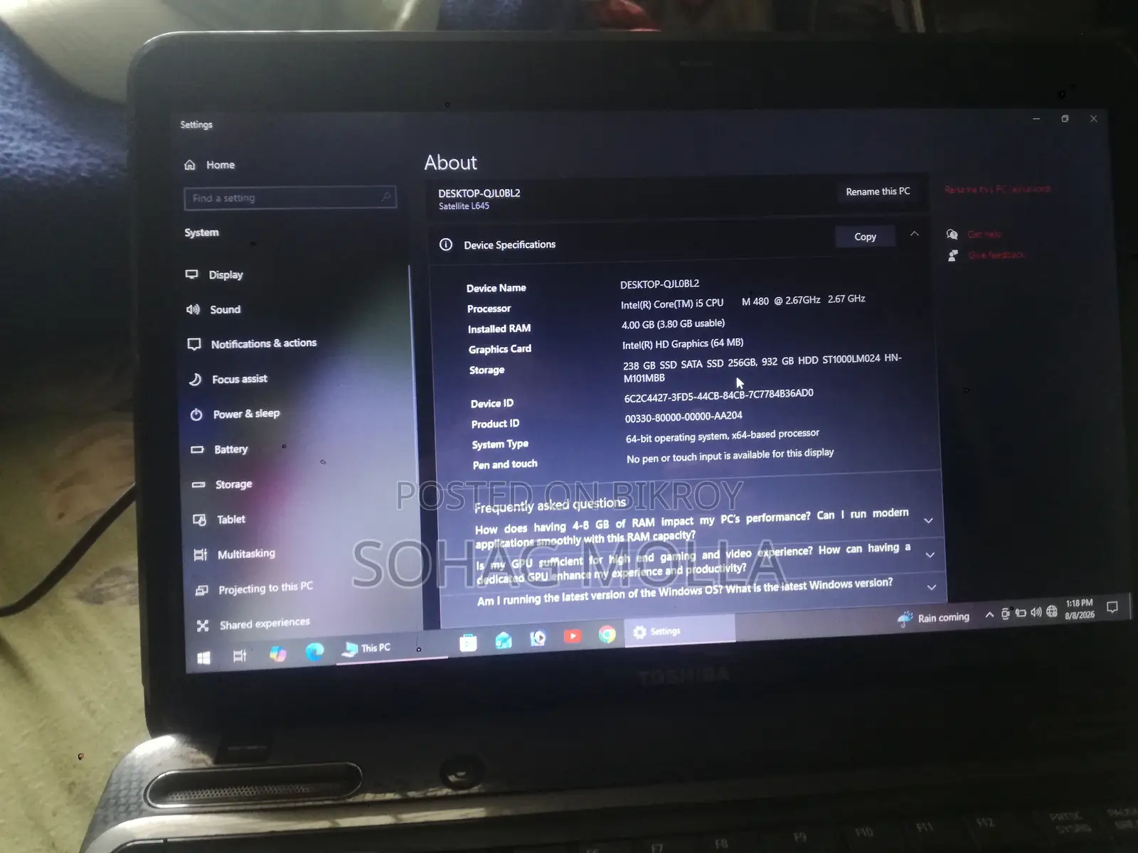 Laptop Toshiba Satellite L600 4GB Intel Core I5 HDD+SSD 1T