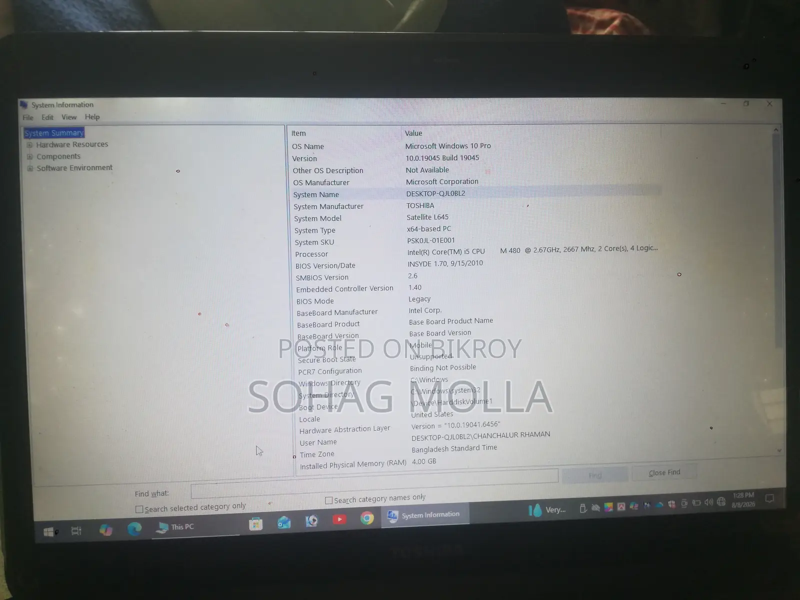 Laptop Toshiba Satellite L600 4GB Intel Core I5 HDD+SSD 1T