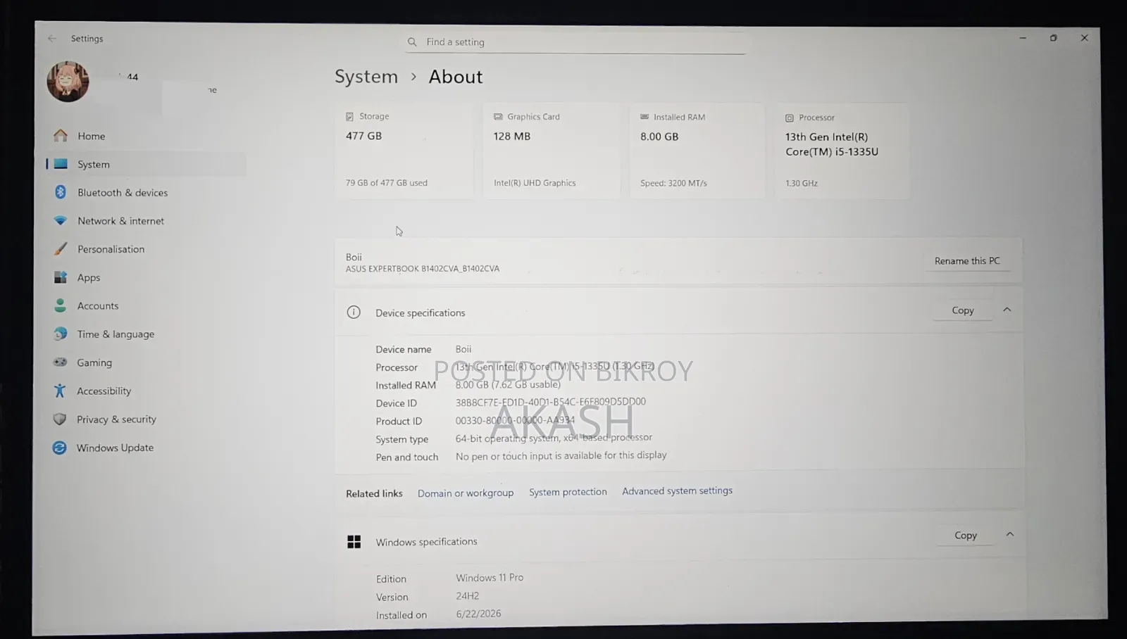 ল্যাপটপ আসুস এক্সপার্টবুক বি১ ৮জিবি ইন্টেল কোর আই৫ এসএসডি ৫১২জিবি